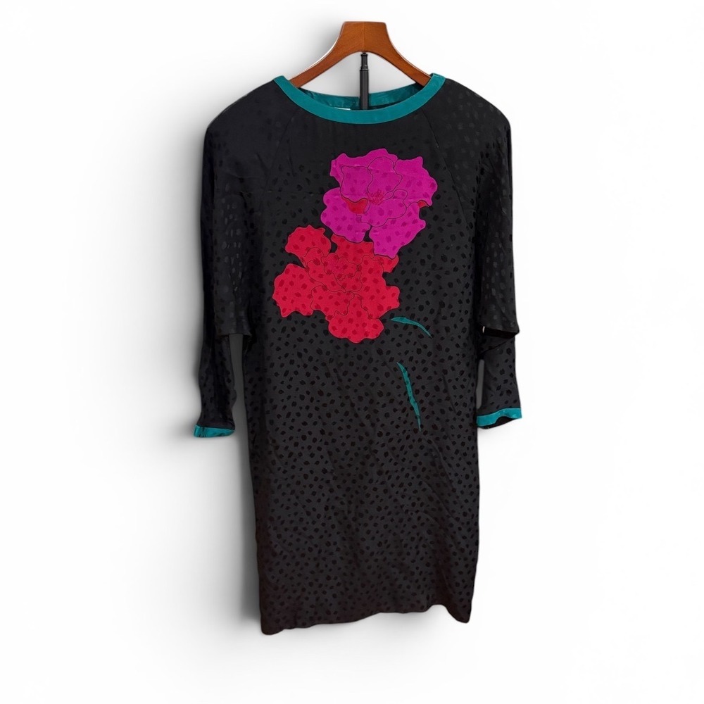 Vtg 80s Flora Kung 100% Silk Black Leopard Jacquard Pink Floral Shift Dress 12